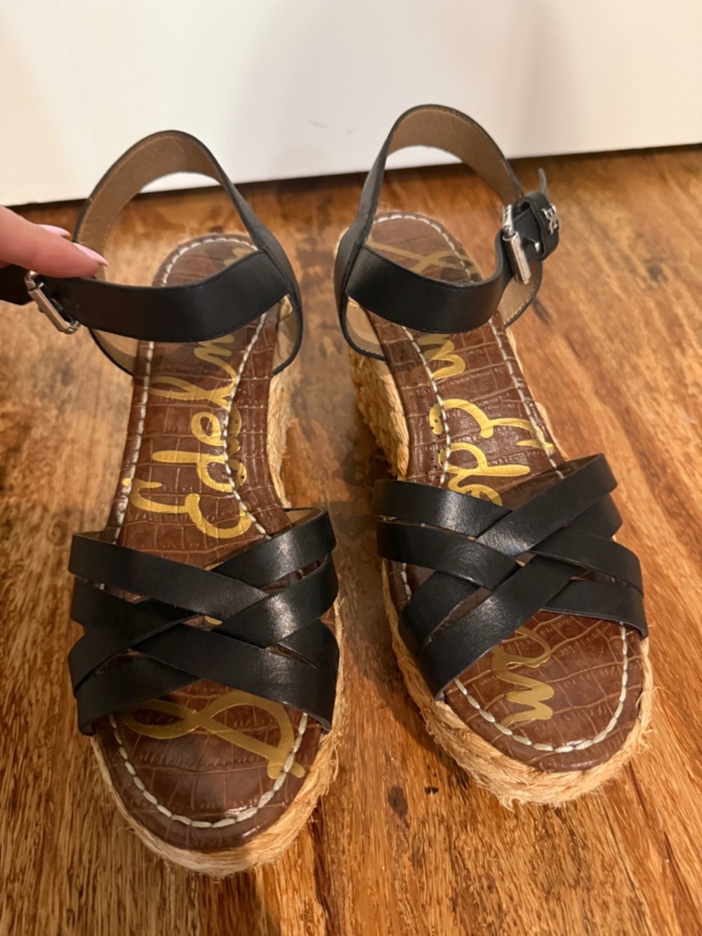 Sam Edelman Black Leather Espadrille Wedge Sandals with Ankle Strap